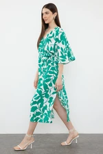 Trendyol Green Belted Floral Patterned A-Line Double Breasted Collar Midi Woven Dress