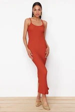 Trendyol Cinnamon Textured Plain Bodycone/Fit Strap Maxi Flexible Knitted Pencil Dress