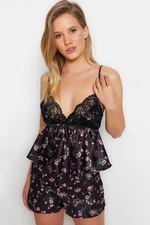 Trendyol Black Floral Lace Detailed Rope Strap Satin Woven Pajama Set