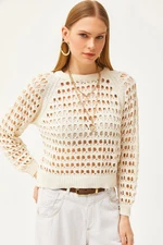 Olalook Women's Ecru Crew Neck Perforated Cotton Knitwear Blouse