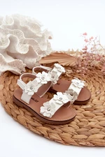 Patent leather children's sandals decorated with flowers, white Tinette