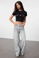 Trendyol Black Bow Detailed Crop Short Sleeve Knitted T-Shirt