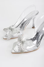 Shoeberry Women's Starla Silver Stone Bow Sheer Heel Shoes