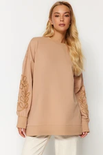 Trendyol Camel Oversize Sleeves Embroidered Knitted Sweatshirt