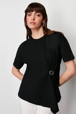 Trendyol Black 100% Cotton Accessory Detail Asymmetric Knitted T-Shirt