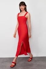 Trendyol Red Straight Cut Back Tie Detailed Midi Woven Dress