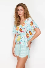 Trendyol Blue Multicolor Floral Striped Viscose Woven Pajamas Set