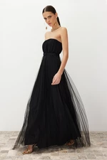 Trendyol Black A-Cut Tulle Knitted Long Elegant Evening Dress