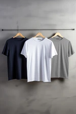 Trendyol Navy-Grey Melange-White Basic Slim/Slim Fit 100% Cotton 3 Pack Short Sleeve T-Shirts