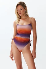 Trendyol Gradient Patterned Strapless Draped Glitter High Leg Regular Swimsuit