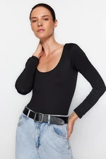 Trendyol Black Slim Snap Button Fastener Crew Neck Long Sleeved Soft Fabric Flexible Knitted Body