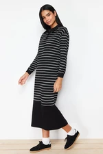 Trendyol Black Oversize Polo Neck Knitted Striped Dress