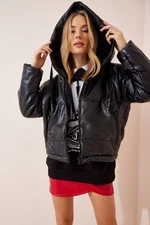 Happiness İstanbul Women's Black Hooded Faux Leather Down Jacket