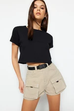 Trendyol Beige Cargo Pocket Belted Denim Shorts