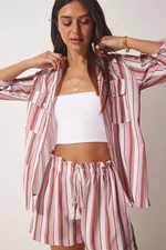 Happiness İstanbul Women's Pink Striped Linen Viscose Shirt Shorts Set