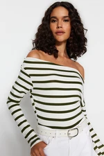 Trendyol Khaki White Striped Premium Soft Fabric Fitted Boat Neck Flexible Knitted Blouse