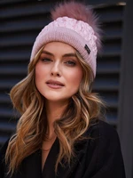 Winter nylon hat with pompom, pink