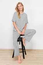 Trendyol Black-White Cotton Striped Ribbed Knitted Pajamas Set