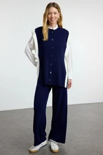 Trendyol Navy Blue Color Block Slit Detail Vest-Pants Knitwear Bottom-Top Set