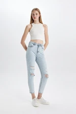 DEFACTO Lina Mom Fit High Waist Relaxed Fit Light Skinny Leg Ankle Length Jean Washed Trousers