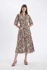 DEFACTO Shirt Collar Patterned Linen Blend Short Sleeve Midi Dress