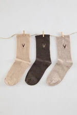 Trendyol Brown Unisex 3-Pack Cotton Deer Embroidered Textured Socket-Long Socks