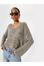 Koton Openwork Sweater V Neck Bell Sleeve Acrylic Blend