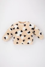 DEFACTO Baby Girl Regular Fit Crew Neck Heart Patterned Welsoft Plush Sweatshirt