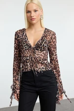 Trendyol Brown Animal Patterned Tie and Ruffle Detailed Regular/Normal Fit Knitted Blouse