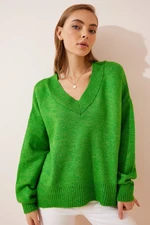 Happiness İstanbul Women's Light Green V-Neck Oversize Knitwear Sweater