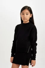 DEFACTO Girl Black Regular Fit Crew Neck Side Slit Knitwear Sweater