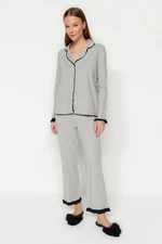 Trendyol Gray Melange 100% Cotton Ruffled Pijama Shirt-Pants Knitted Pajama Set