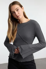 Trendyol Anthracite Ribbed Detailed Fitted/Fits-Your-Body Spanish Sleeve Knitted Blouse