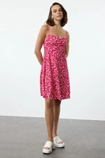 Trendyol Fuchsia Floral Patterned Textured Straps Stretch Detailed Flexible Knitted Mini Dress