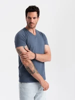 Ombre Men's BASIC classic cotton T-shirt with a serape neckline - blue melange