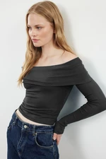 Trendyol Anthracite Carmen Collar Crop/Short Flexible Knitted Blouse