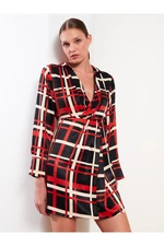 LC Waikiki Women's Shirt Collar Plaid Long Sleeve Satin Dress