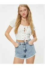 Koton Short Balloon Sleeve Crop Scalloped Blouse Front Tied Ruffle Detailed