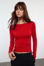 Trendyol Red Fitted/Fits the Body Gathered/Drape Detailed Boat Neck Flexible Knitted Blouse