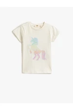 Koton Unicorn Embroidered Sequins T-Shirt Short Sleeved Crew Neck.