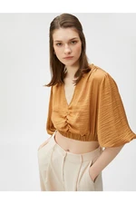 Koton Pleated Crop Blouse V-Neck