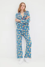 Trendyol Blue 100% Cotton Christmas Themed Knitted Pajamas Set