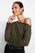 Trendyol Khaki Asymmetrical Collar Flowy, Flexible Knitted Blouse