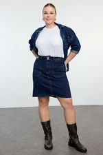 Trendyol Curve Dark Blue Aksaur Detailed Denim Plus Size Skirt