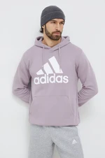 Bavlněná mikina adidas pánská, fialová barva, s kapucí, s potiskem, IS1353