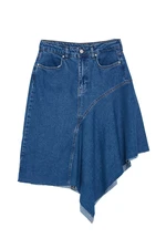 Trendyol Blue Stitch Detailed Asymmetric High Waist Midi Denim Skirt