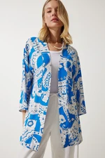 Happiness İstanbul Women's Blue and White Patterned Viscose Kimono