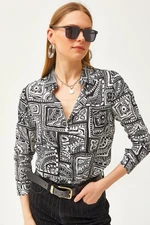 Olalook Women's Black Patch Patterned Woven Viscose Shirt