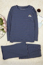 Trendyol Curve Navy Blue Striped Crew Neck Knitted Pajamas Set