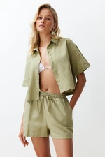 Trendyol Green Woven Linen Look Shirt Shorts Set